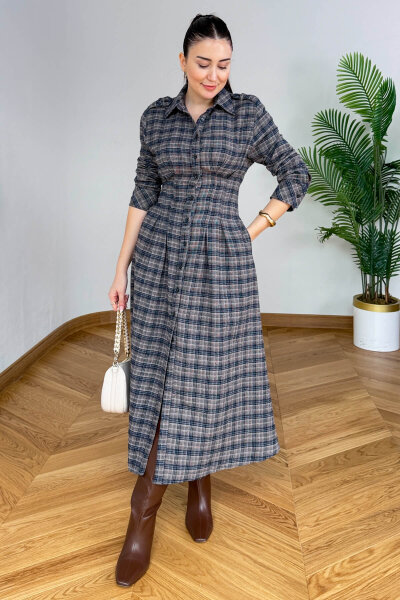 ELB-01836 Kahverengi Ekose Bel Detaylı Elbise