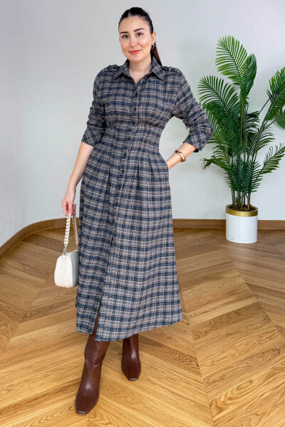 ELB-01836 Kahverengi Ekose Bel Detaylı Elbise (1)