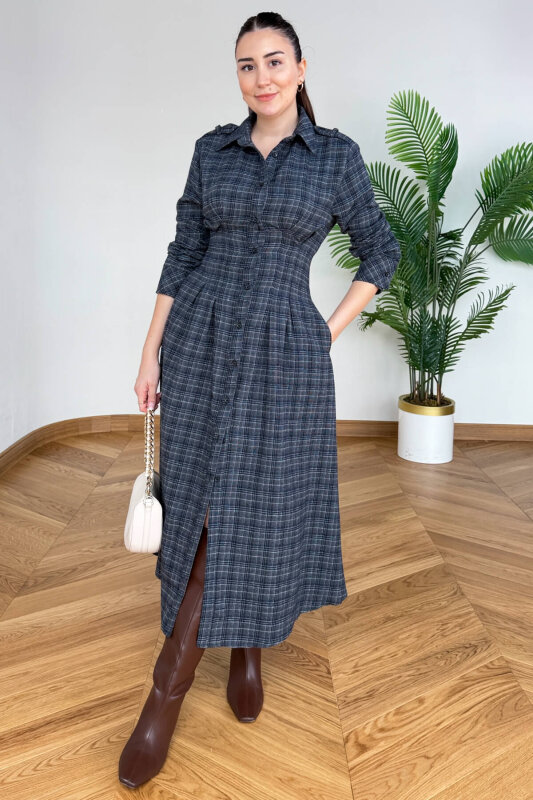 ELB-01836 Lacivert Ekose Bel Detaylı Elbise - 2