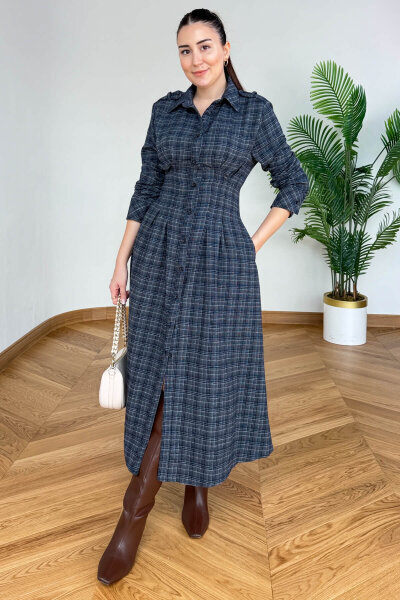 ELB-01836 Lacivert Ekose Bel Detaylı Elbise - 3