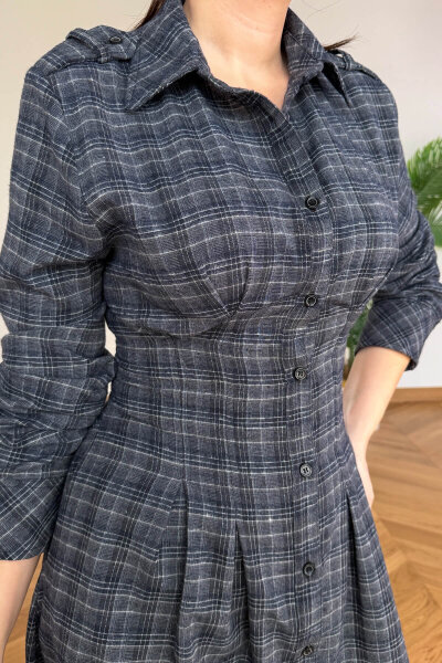 ELB-01836 Lacivert Ekose Bel Detaylı Elbise - 4