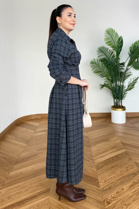 ELB-01836 Lacivert Ekose Bel Detaylı Elbise - 5