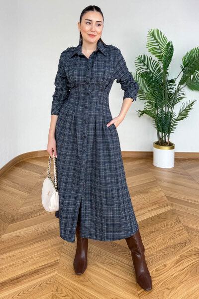 ELB-01836 Lacivert Ekose Bel Detaylı Elbise - 6