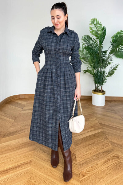 ELB-01836 Lacivert Ekose Bel Detaylı Elbise