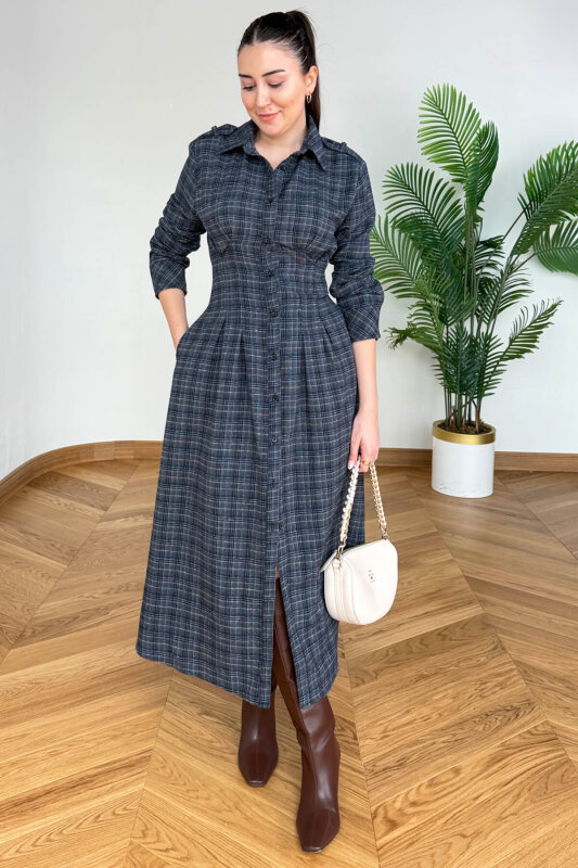 ELB-01836 Lacivert Ekose Bel Detaylı Elbise - 1