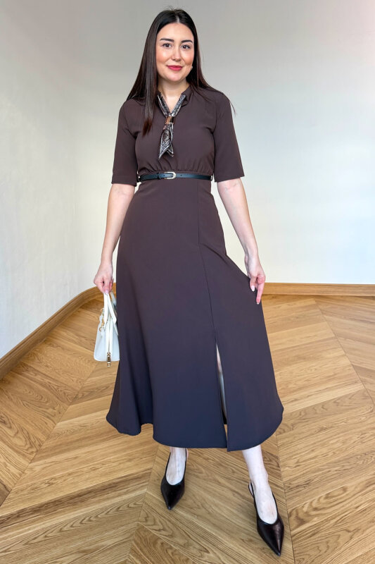 ELB-01838 Acı Kahve Fular Yaka Kemerli Elbise - 3