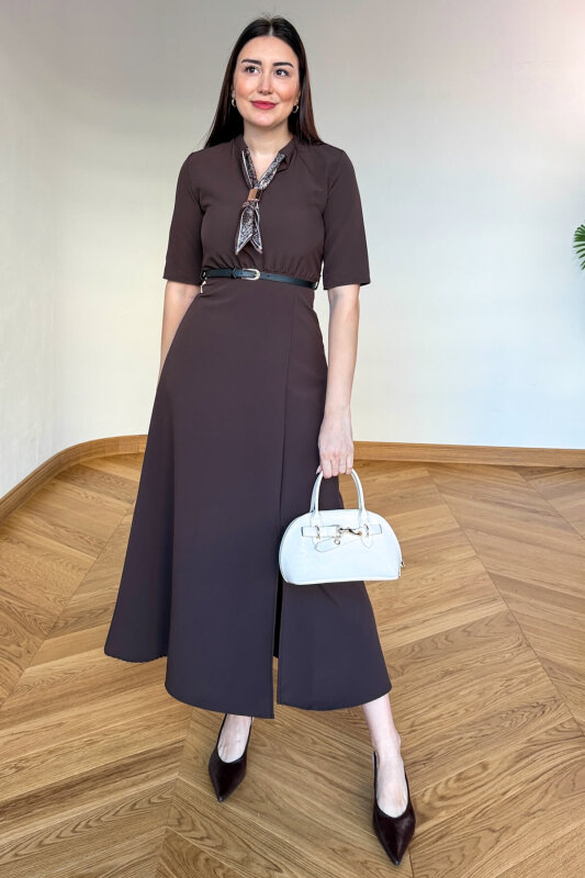 ELB-01838 Acı Kahve Fular Yaka Kemerli Elbise - 5