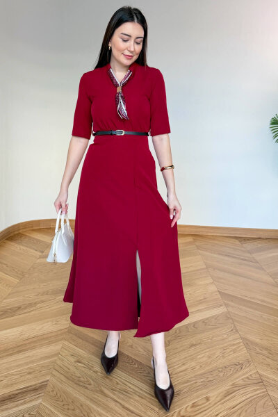 ELB-01838 Bordo Fular Yaka Kemerli Elbise - 3