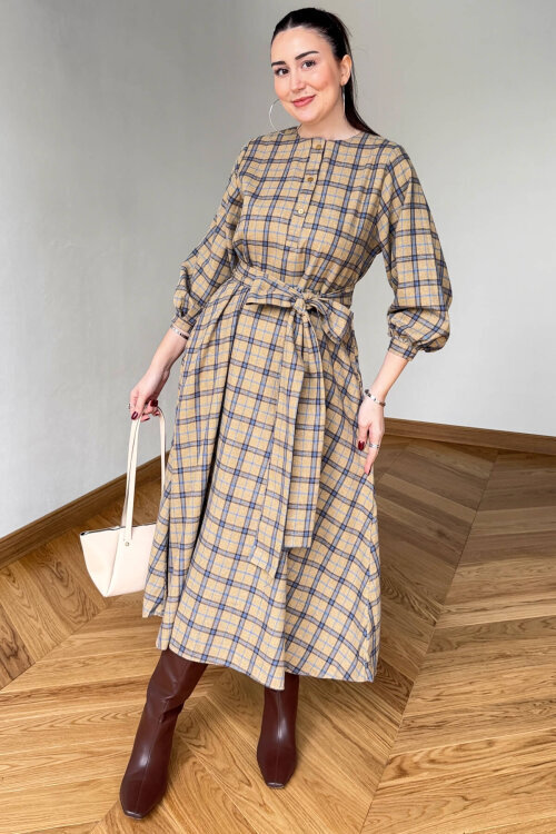 ELB-01839 Bej-Mavi Kuşaklı Ekose Desenli Gömlek Elbise