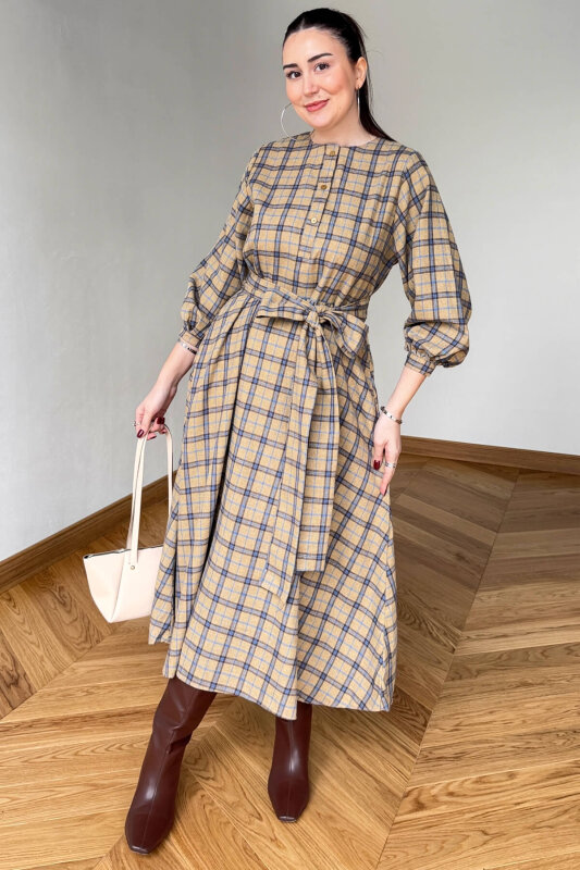ELB-01839 Bej-Mavi Kuşaklı Ekose Desenli Gömlek Elbise - 1