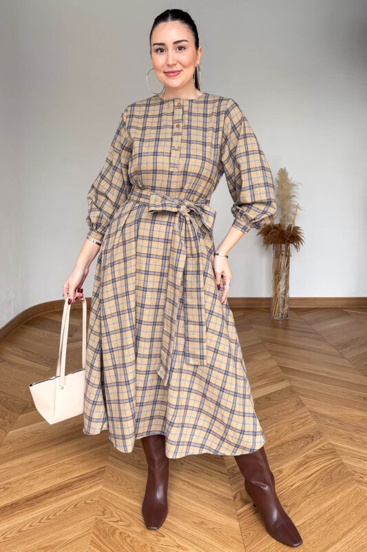 ELB-01839 Bej-Mavi Kuşaklı Ekose Desenli Gömlek Elbise - 4