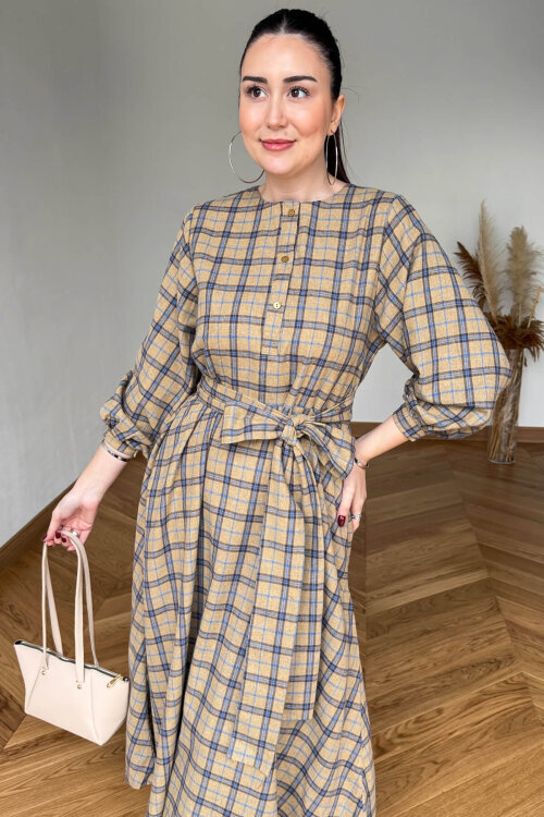 ELB-01839 Bej-Mavi Kuşaklı Ekose Desenli Gömlek Elbise (1)