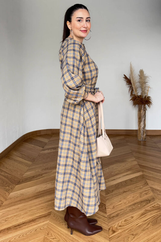 ELB-01839 Bej-Mavi Kuşaklı Ekose Desenli Gömlek Elbise - 3