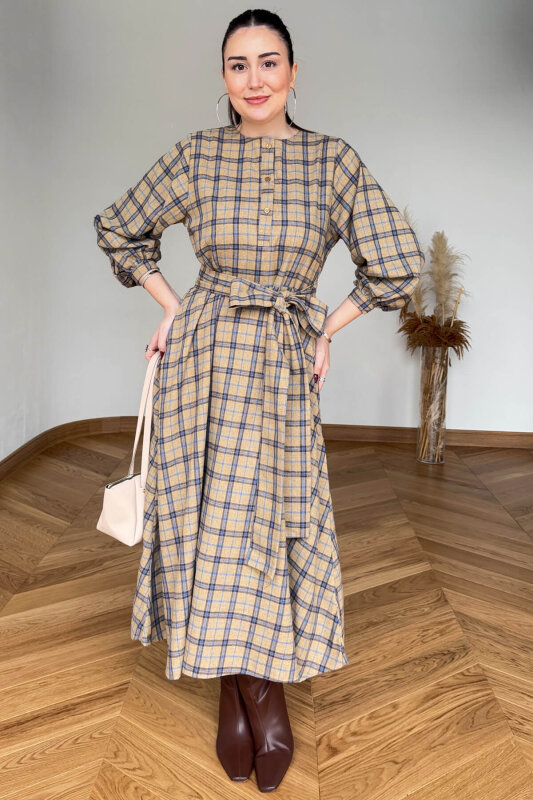 ELB-01839 Bej-Mavi Kuşaklı Ekose Desenli Gömlek Elbise - 6