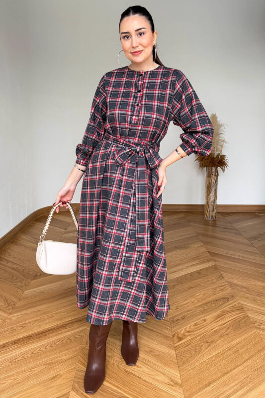 ELB-01839 Gri-Kırmızı Kuşaklı Ekose Desenli Gömlek Elbise - 1