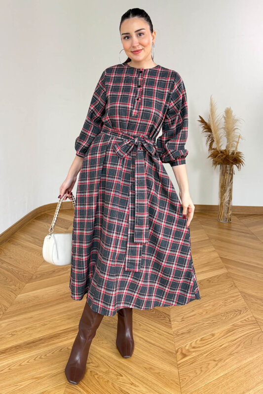 ELB-01839 Gri-Kırmızı Kuşaklı Ekose Desenli Gömlek Elbise - 2