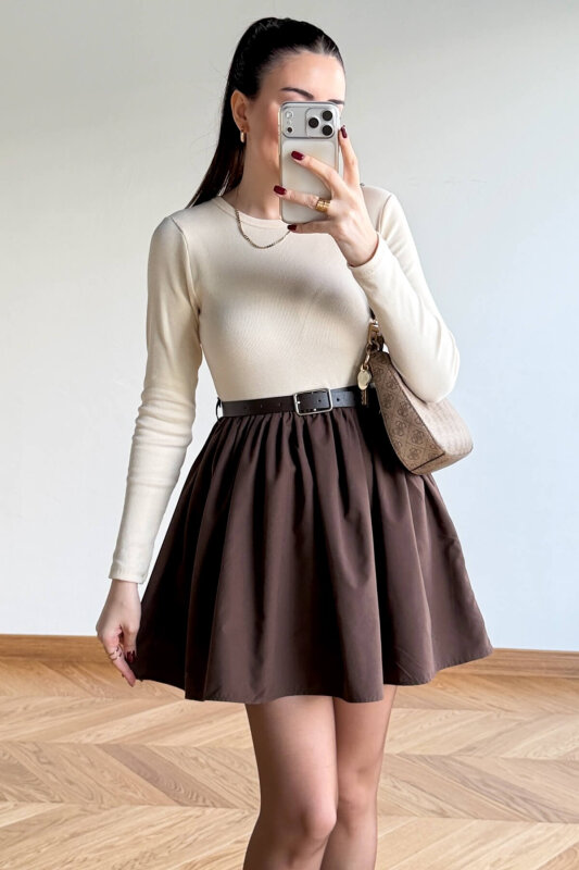 ELB-01840 Acı Kahve Kendinden Kemerli Mini Elbise - 6