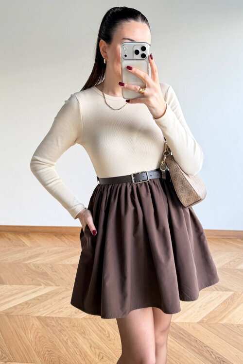 ELB-01840 Acı Kahve Kendinden Kemerli Mini Elbise - 3