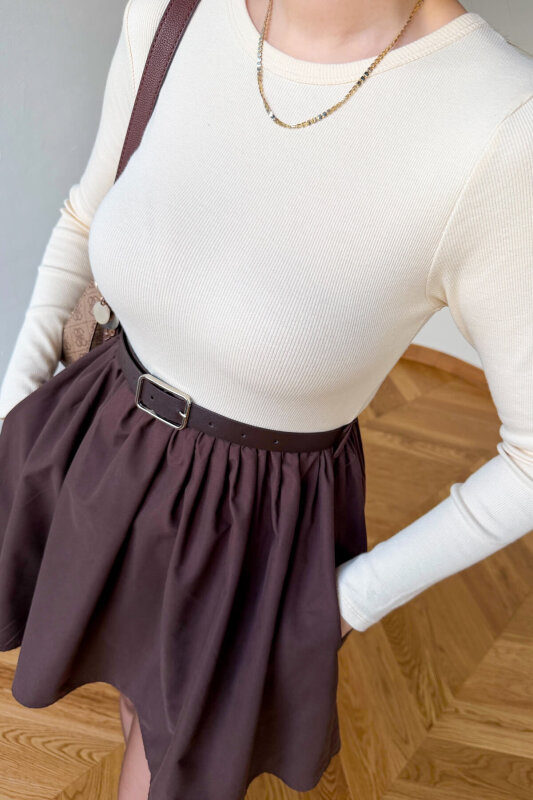 ELB-01840 Acı Kahve Kendinden Kemerli Mini Elbise - 5