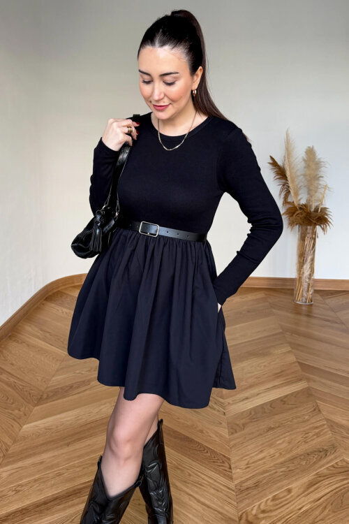 ELB-01840 Siyah Kendinden Kemerli Mini Elbise 