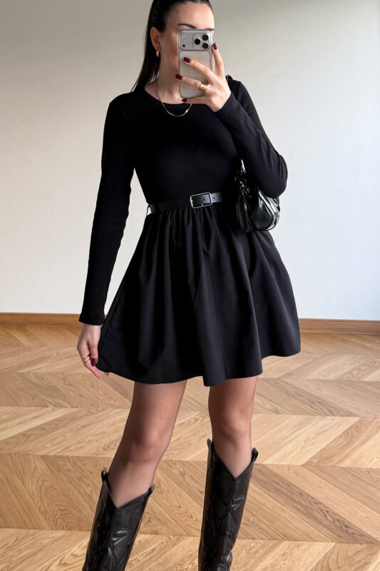 ELB-01840 Siyah Kendinden Kemerli Mini Elbise - 5