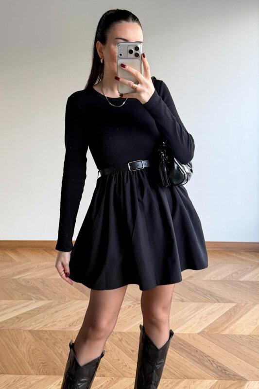 ELB-01840 Siyah Kendinden Kemerli Mini Elbise - 3