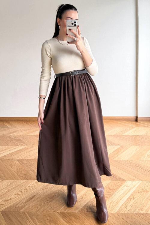 ELB-01841 Acı Kahve Kemerli Parçalı Maksi Elbise - 2