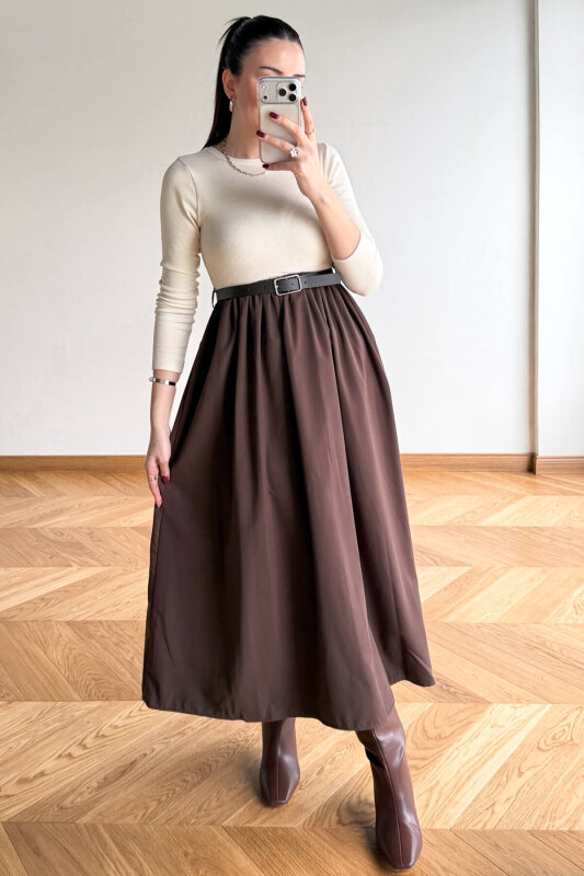 ELB-01841 Acı Kahve Kemerli Parçalı Maksi Elbise - 2