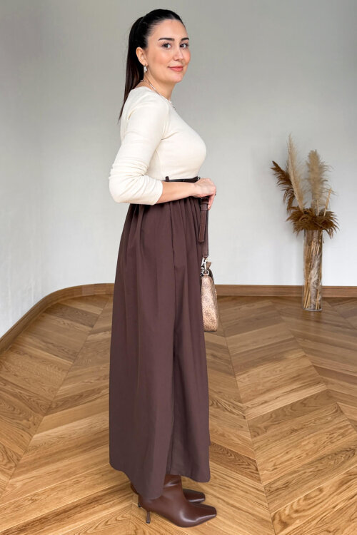 ELB-01841 Acı Kahve Kemerli Parçalı Maksi Elbise - 5