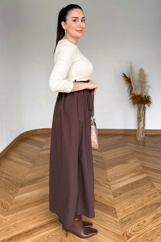 ELB-01841 Acı Kahve Kemerli Parçalı Maksi Elbise - 5