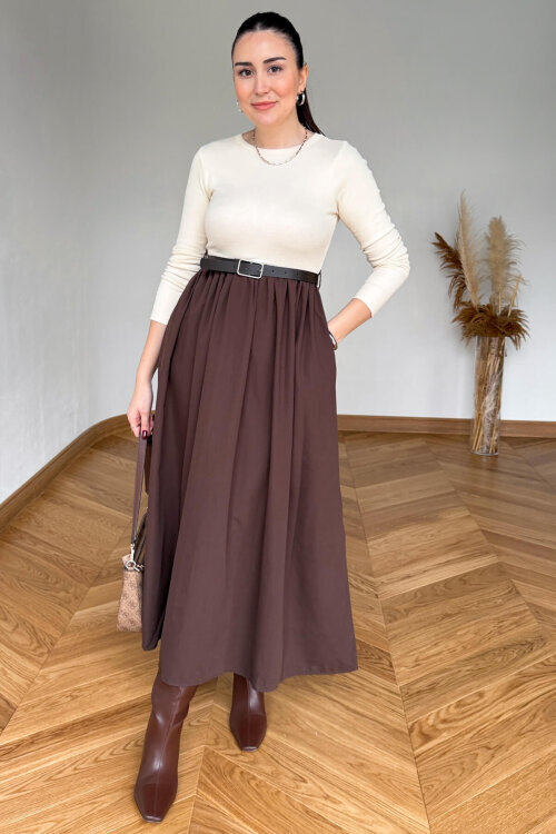 ELB-01841 Acı Kahve Kemerli Parçalı Maksi Elbise - 1
