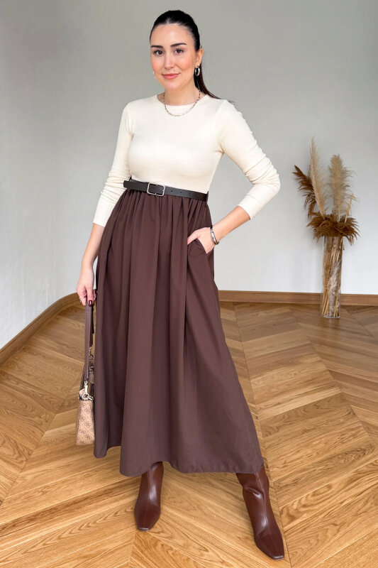 ELB-01841 Acı Kahve Kemerli Parçalı Maksi Elbise - 3