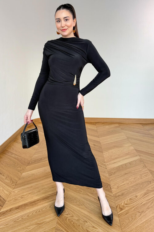 ELB-01843 Siyah Bel Büzgülü Gold Broş Detaylı Sandy Elbise - 4