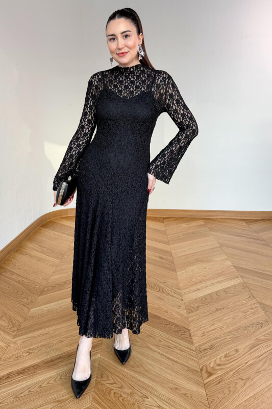 ELB-01844 Siyah Dantel Dokulu Maxi Tül Elbise - 1