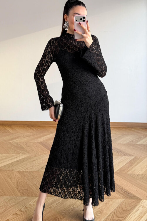ELB-01844 Siyah Dantel Dokulu Maxi Tül Elbise - 4