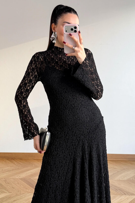 ELB-01844 Siyah Dantel Dokulu Maxi Tül Elbise - 5