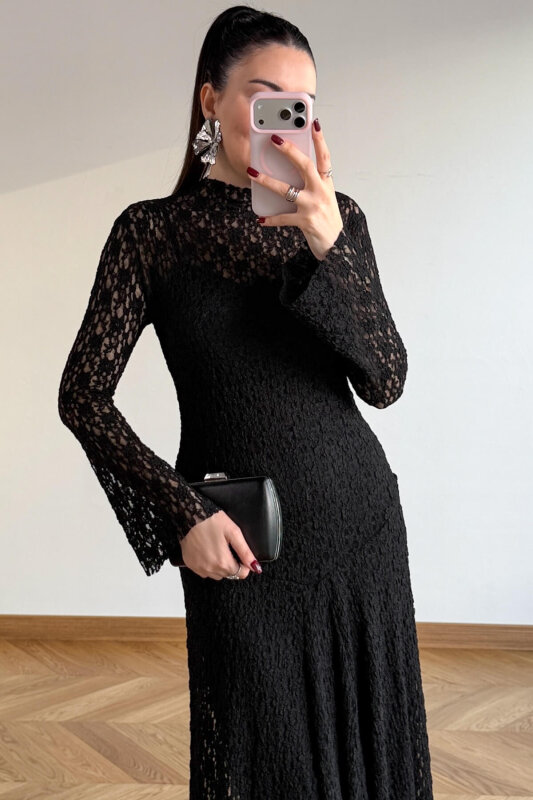 ELB-01844 Siyah Dantel Dokulu Maxi Tül Elbise - 6