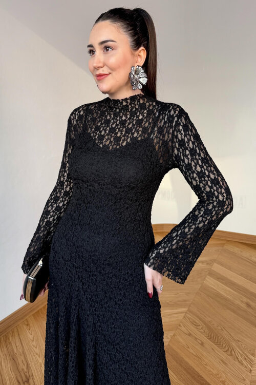 ELB-01844 Siyah Dantel Dokulu Maxi Tül Elbise - 2