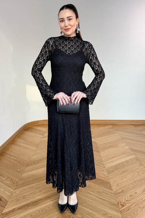 ELB-01844 Siyah Dantel Dokulu Maxi Tül Elbise - 7