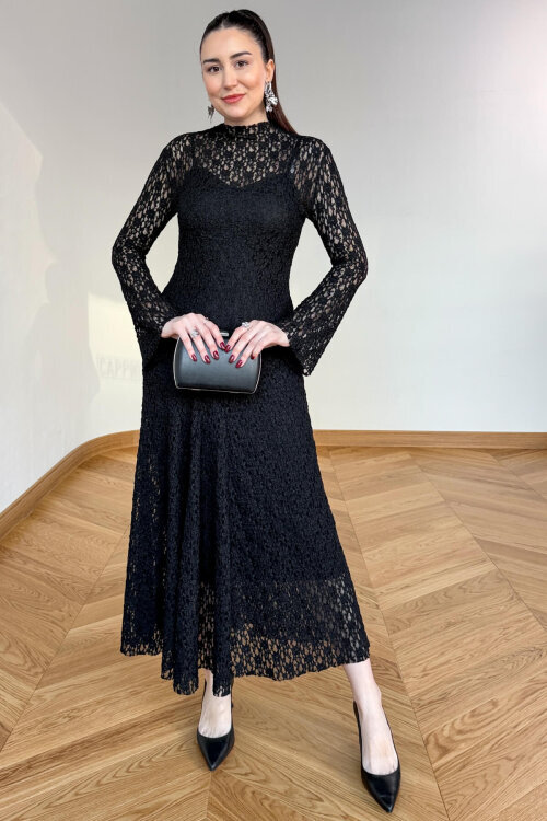 ELB-01844 Siyah Dantel Dokulu Maxi Tül Elbise - 8