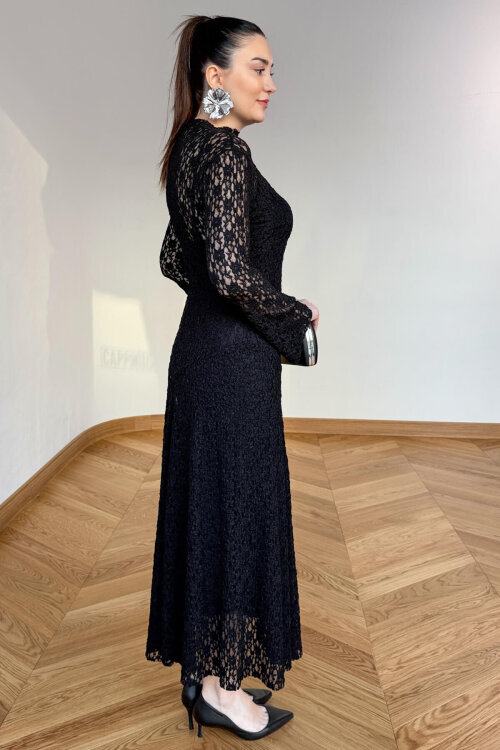 ELB-01844 Siyah Dantel Dokulu Maxi Tül Elbise - 3