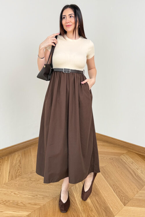 ELB-01845 Kahverengi Kemer Detaylı Pamuklu ve Trikoton Elbise - 3