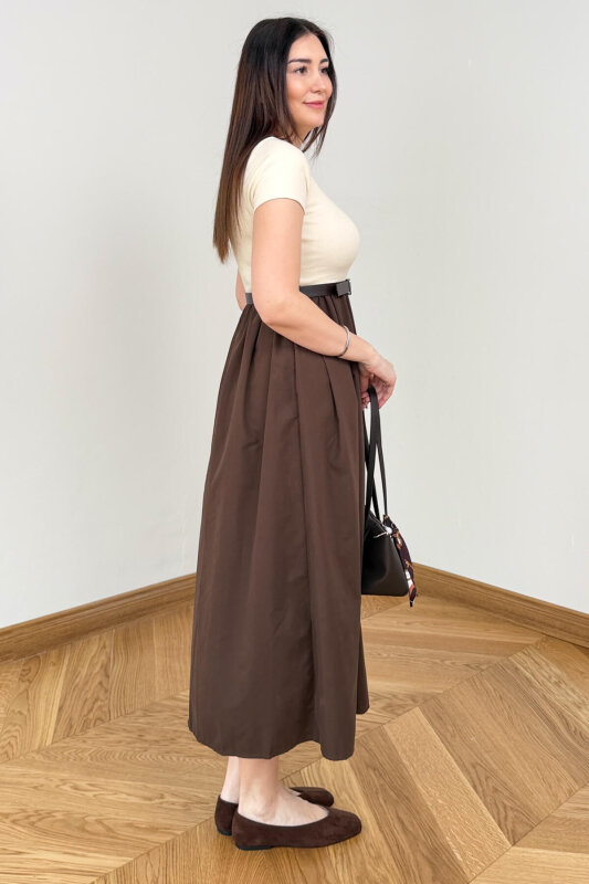 ELB-01845 Kahverengi Kemer Detaylı Pamuklu ve Trikoton Elbise - 4