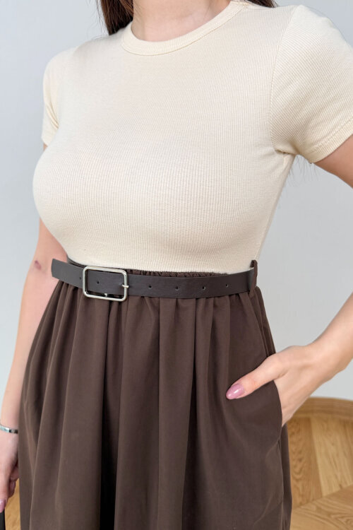 ELB-01845 Kahverengi Kemer Detaylı Pamuklu ve Trikoton Elbise - 5