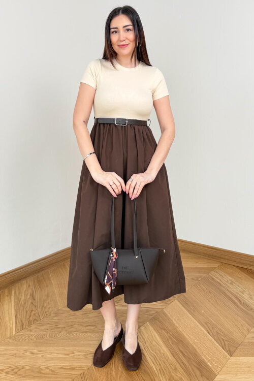 ELB-01845 Kahverengi Kemer Detaylı Pamuklu ve Trikoton Elbise - 6