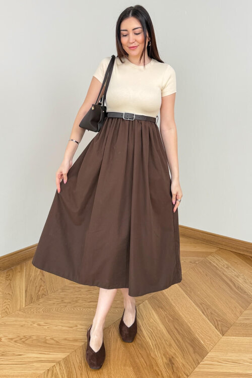 ELB-01845 Kahverengi Kemer Detaylı Pamuklu ve Trikoton Elbise 