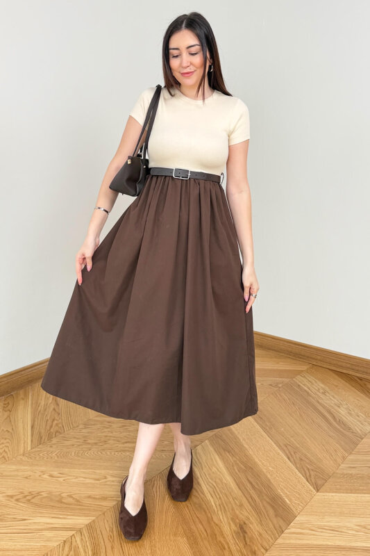 ELB-01845 Kahverengi Kemer Detaylı Pamuklu ve Trikoton Elbise - 7