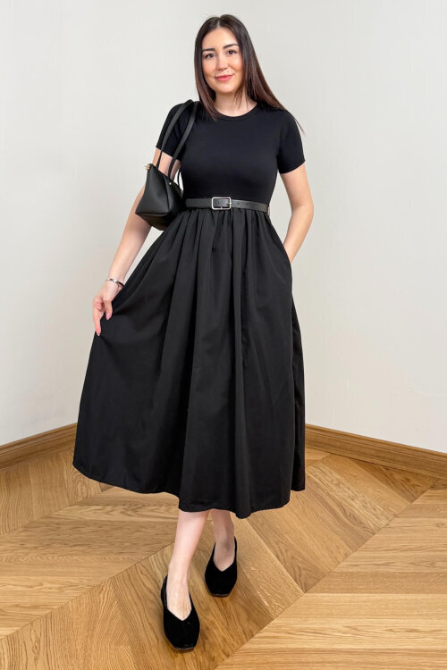 ELB-01845 Siyah Kemer Detaylı Pamuklu ve Trikoton Elbise - 1