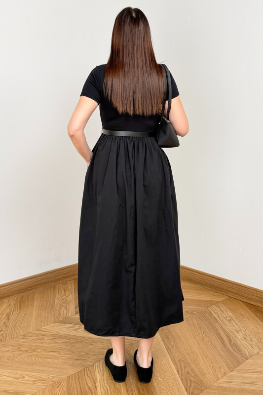 ELB-01845 Siyah Kemer Detaylı Pamuklu ve Trikoton Elbise - 3