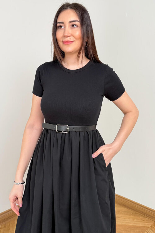 ELB-01845 Siyah Kemer Detaylı Pamuklu ve Trikoton Elbise - 2